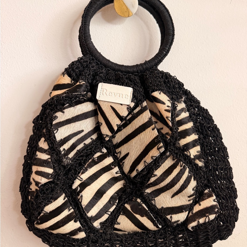 Revue Black and White Zebra pony hair top handle crochet bag